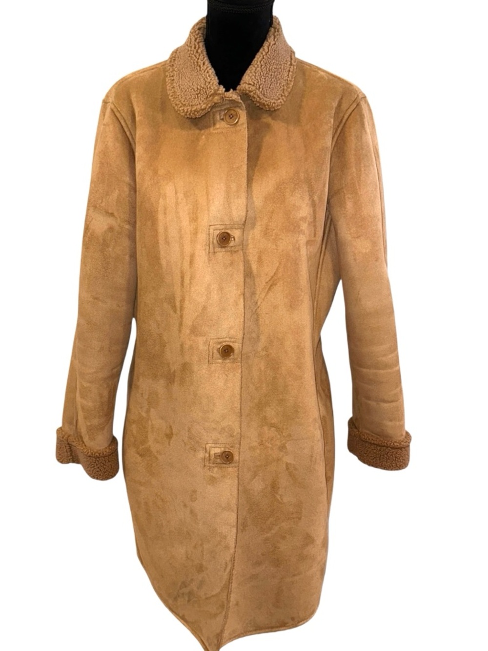 Lands’ End Women's Tan Shearling Coat Size Lg 14-16 Button Front